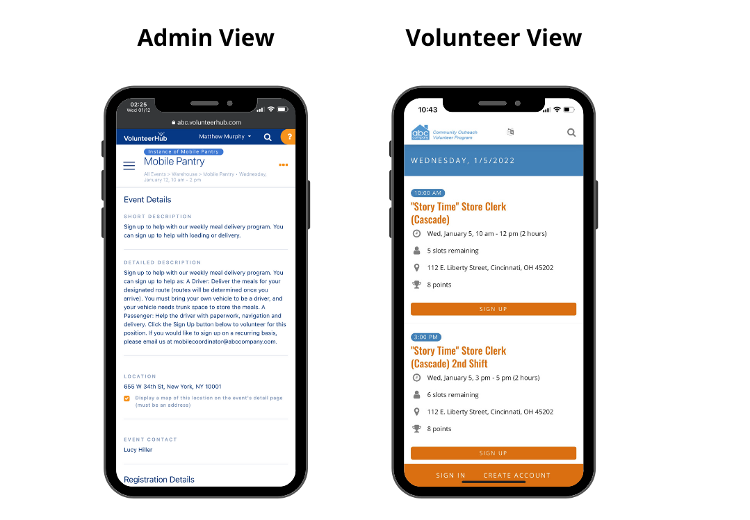 Volunteer and Admin View